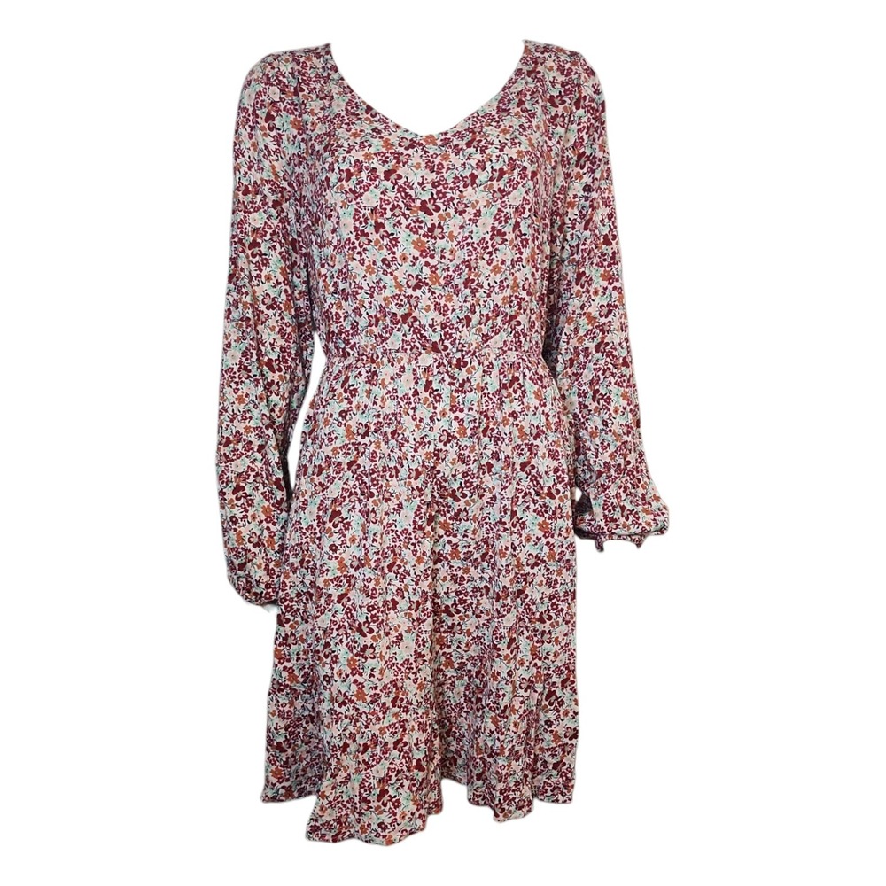 Torrid Dress Womens Plus Size 0 Red Floral Skater Boho Flirty Long Sleeve Pretty